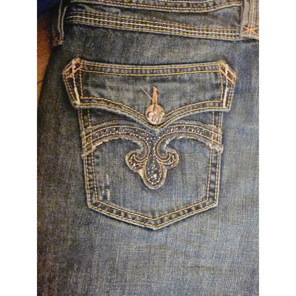 Rock Revival Bootcut Jeans Dark Wash Rhinestone Fleur De Lis 11x34 - Picture 4 of 5